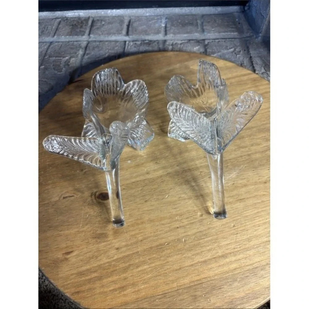 2 Vintage Clear Glass Lily Shaped Bud Vases /Candle Holders Hand Blown GIFT RARE